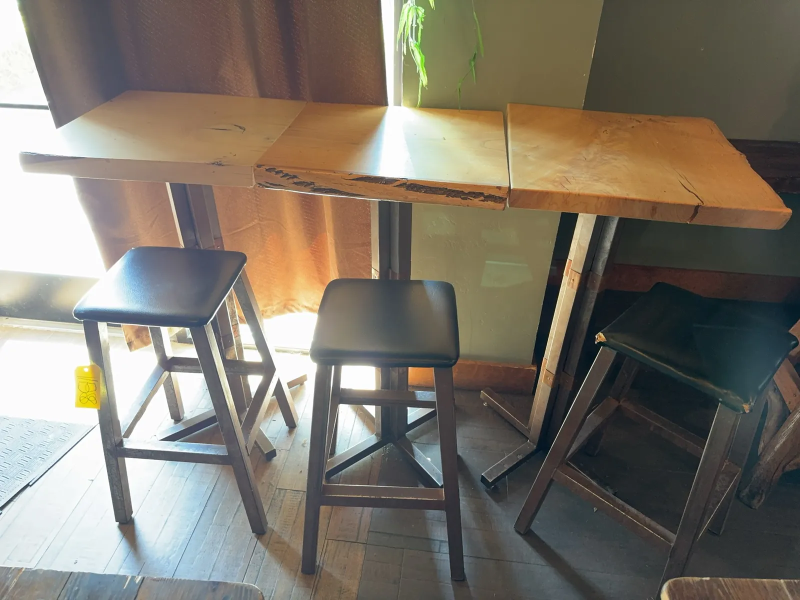 3-live-edge-wood-and-steel-cafe-tables-and-3-steel-upholstered-stools-86b5fc