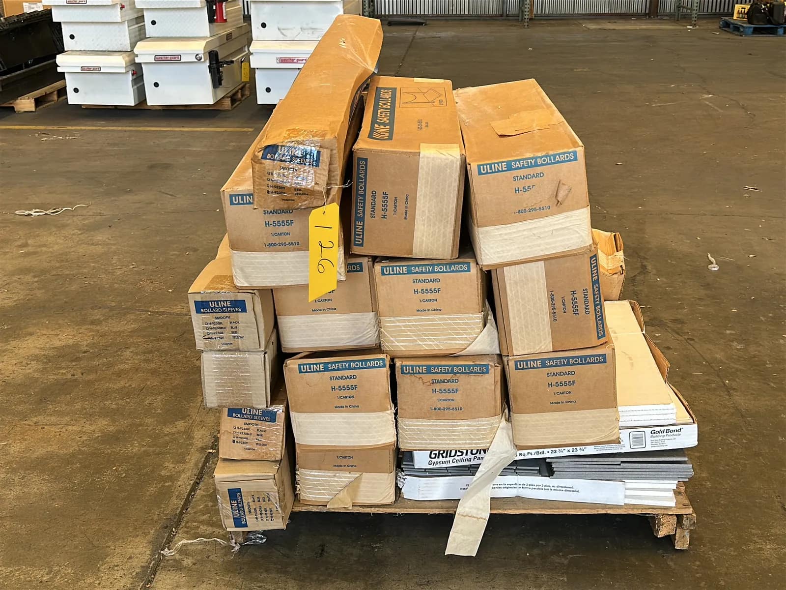 contents-of-pallet-uline-safety-bollards-bollard-sleeves-and-gypsum-ceiling-panels-mu1v3gi2