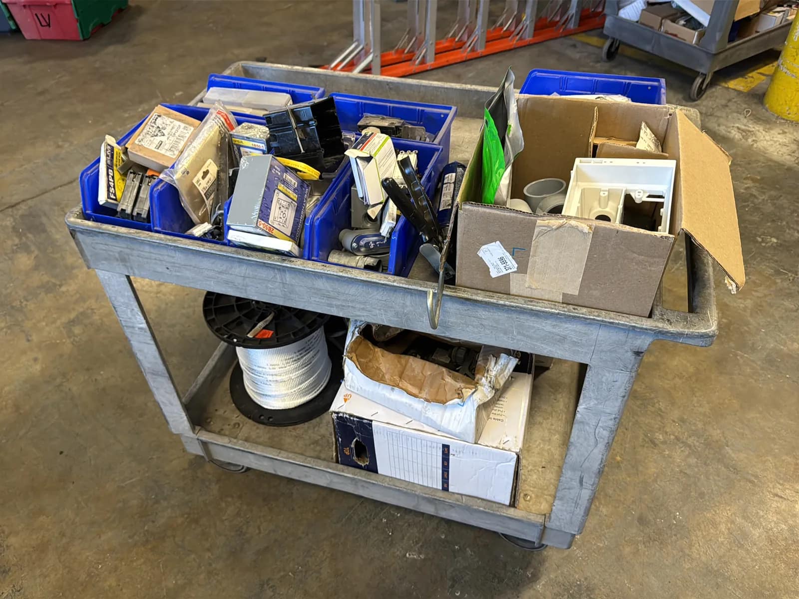rubbermaid-rolling-cart-and-contents-electrical-supply-pvc-conduit-siemens-breaker-switches-cat-6-cable-and-rope-a1e009