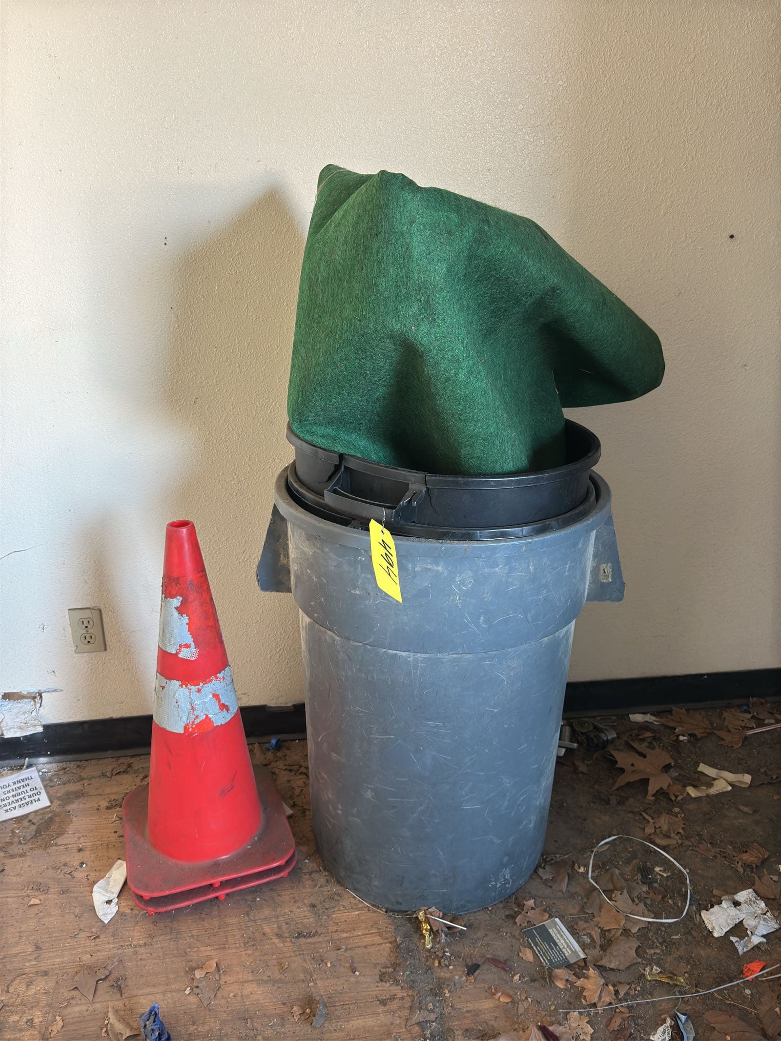 3-waste-bins-roll-of-green-felt-and-2-orange-traffic-cones-a57dbc