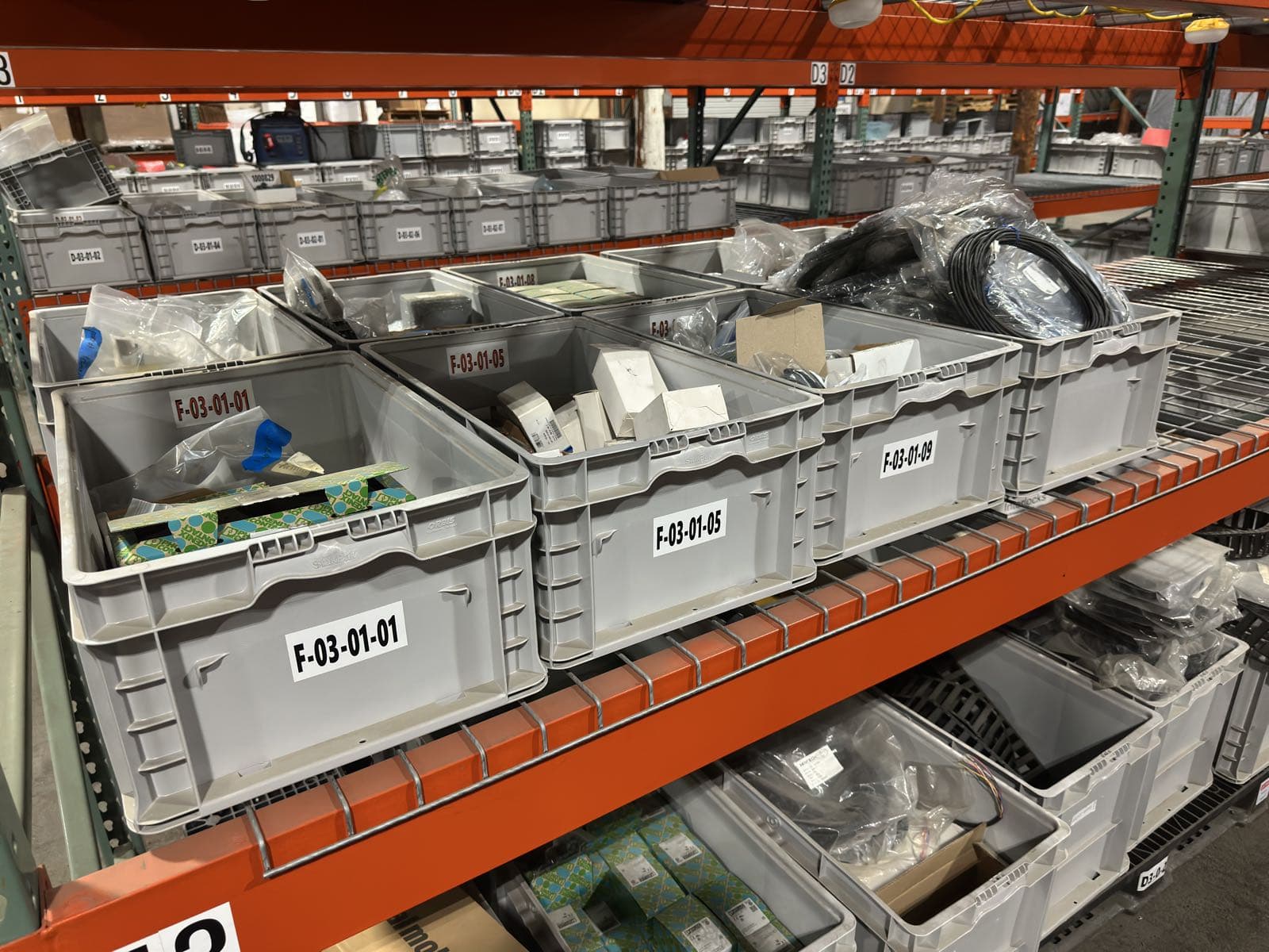 contents-of-7-bins-electrical-boxes-hybrid-motor-starters-igus-hardware-fanuc-robotics-cables-and-more-bins-not-included-efb516