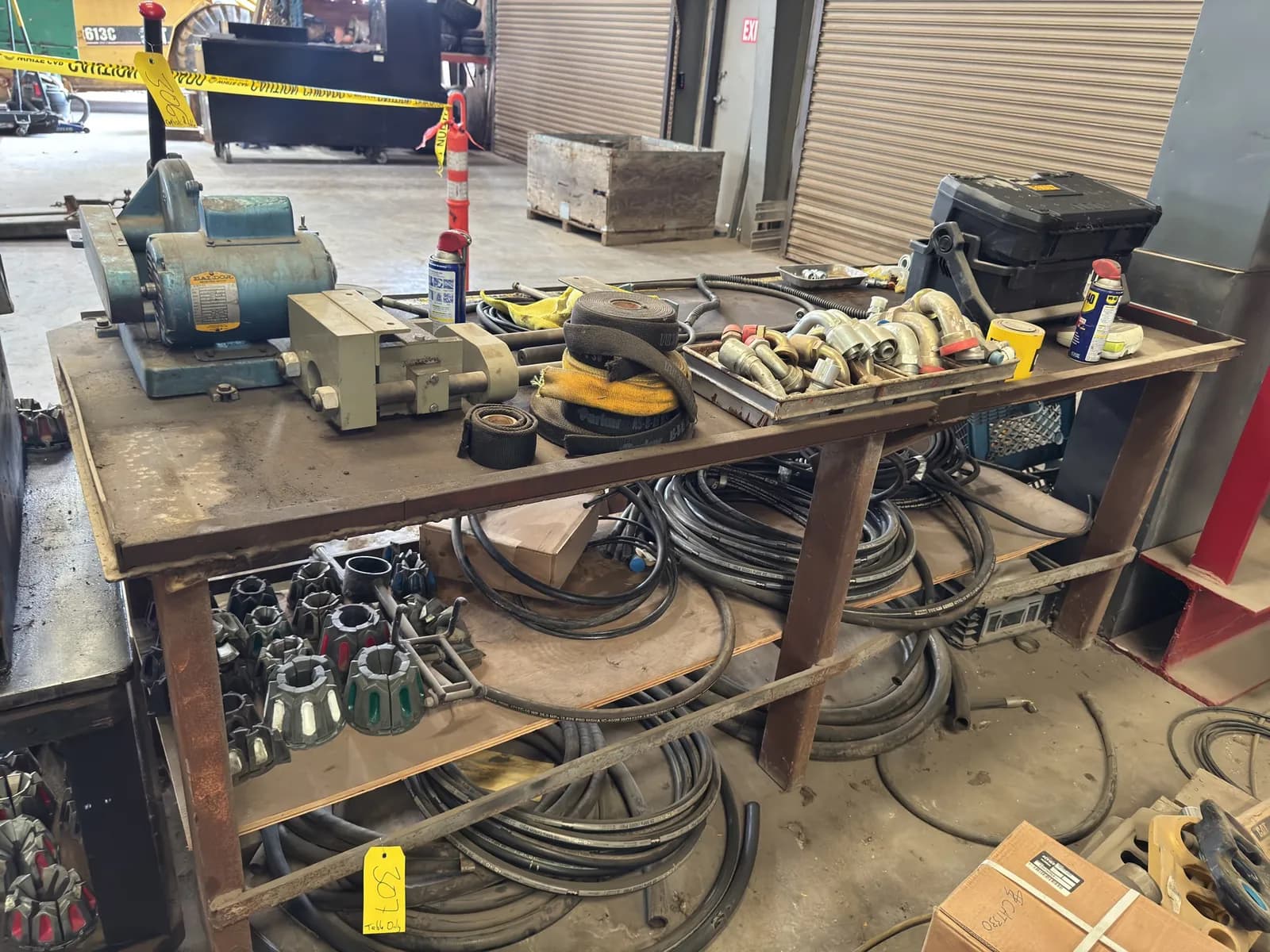 contents-of-steel-table-motorized-hose-cutter-hydraulic-fittings-hose-and-more-c6d79f