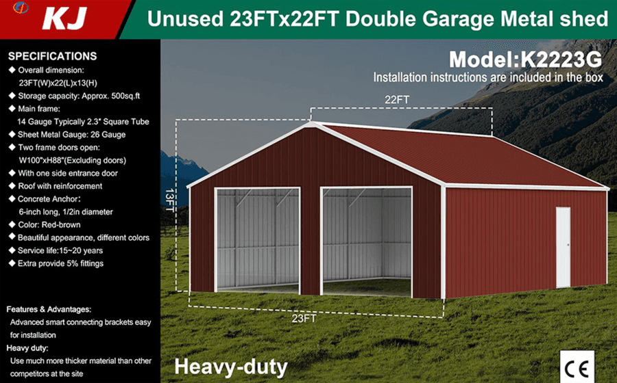 2025-kj-23x22-heavy-duty-double-garage-metal-shed-model-k2223g-unused-mk762q5m