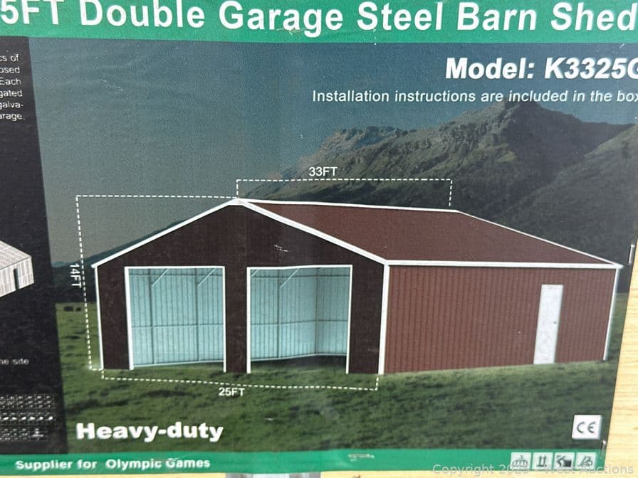 2025-kj-33x25-heavy-duty-double-garage-steel-barn-shed-model-k3325g-unused-mla9q5hg