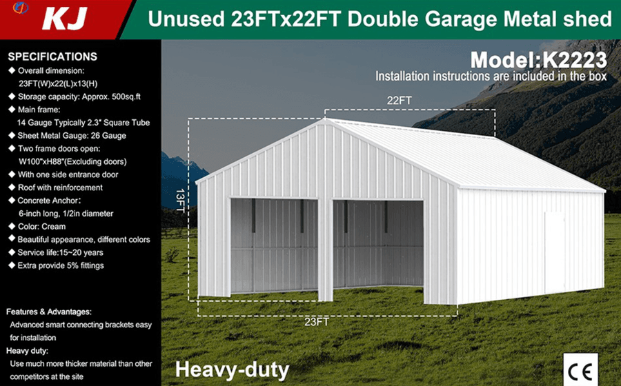 2025-kj-23x22-heavy-duty-double-garage-metal-shed-model-k2223-unused-mk762iqv